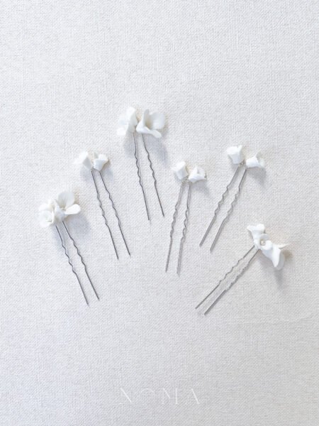 Clay Flower Simple Hairpin Set - White Silver (6 pcs)