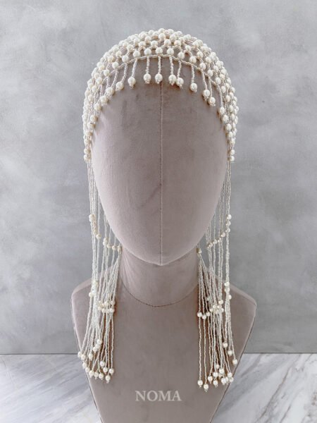 Woven Pearl Fringe Headpiece - White Silver