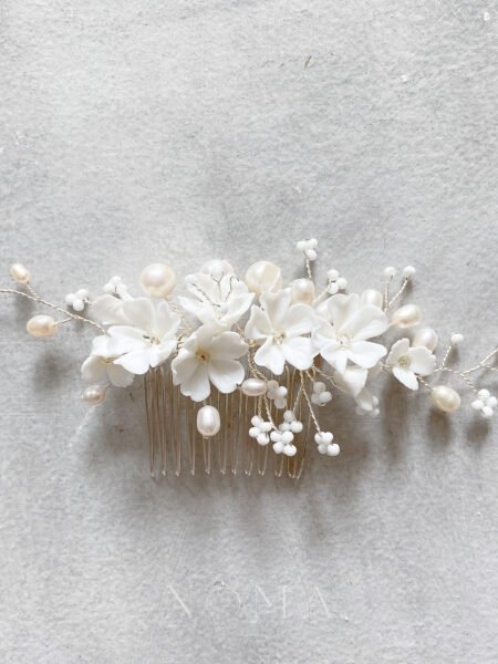 Clay Flower Blossom Dainty Haircomb - White Silver