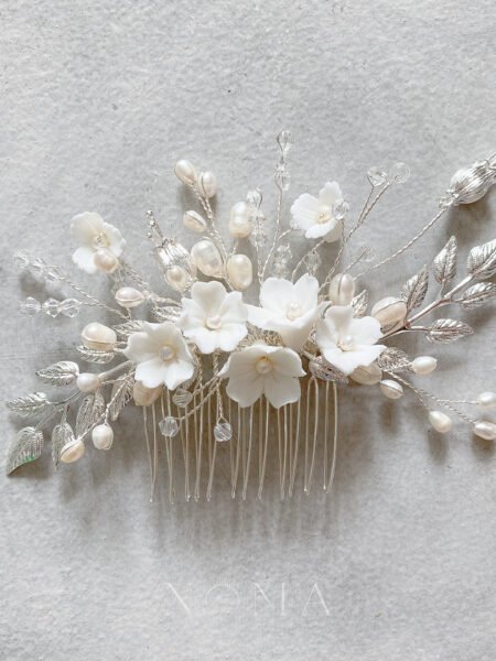 Clay Flower Blossom Twigs Haircomb - White Silver