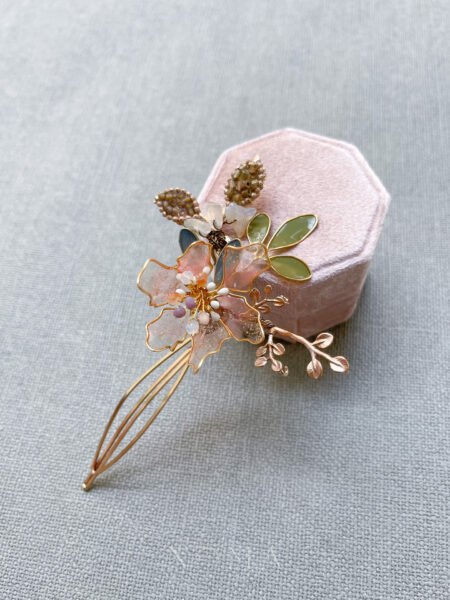 Flower Blossom Beaded Leaves Small Hairclip - Gold