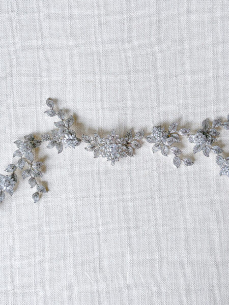 Paved Twigs Flower Baguette Long Hairvine - White Gold