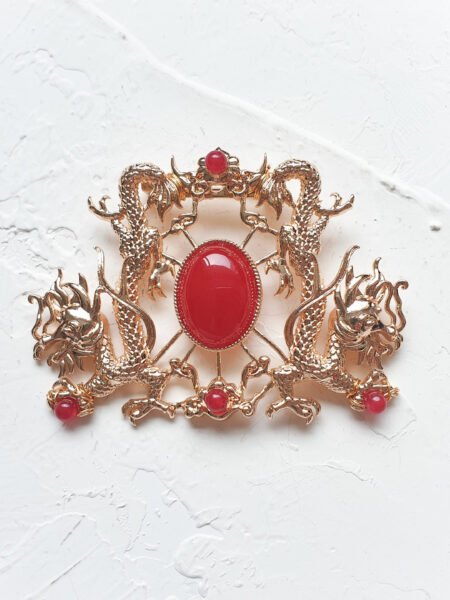 Twin Dragon Jade Brooch - Gold, Red