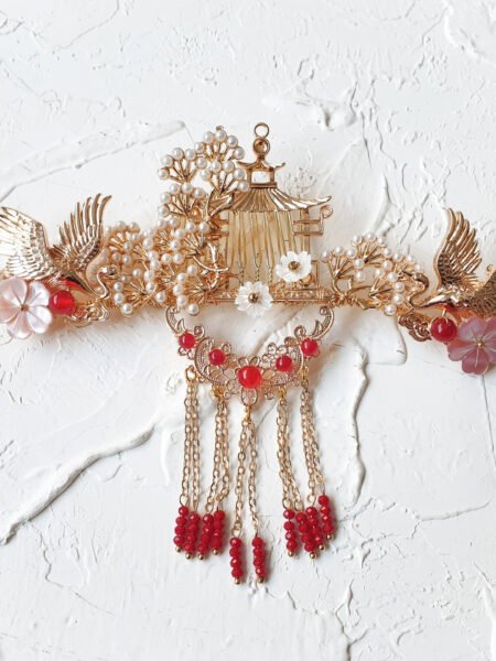 Crane Flowers Haircomb - Gold, Red