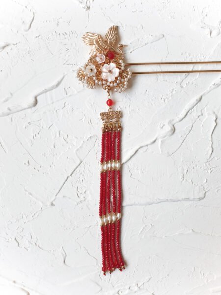 Crane Flowers Hairpin - Gold, Red (Right)