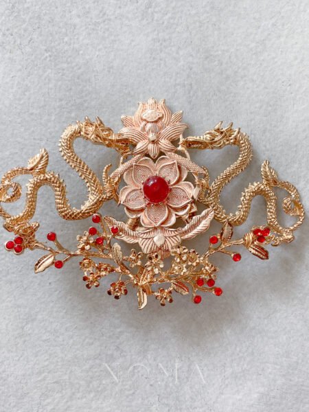 Twin Dragon Floral Brooch - Gold, Red