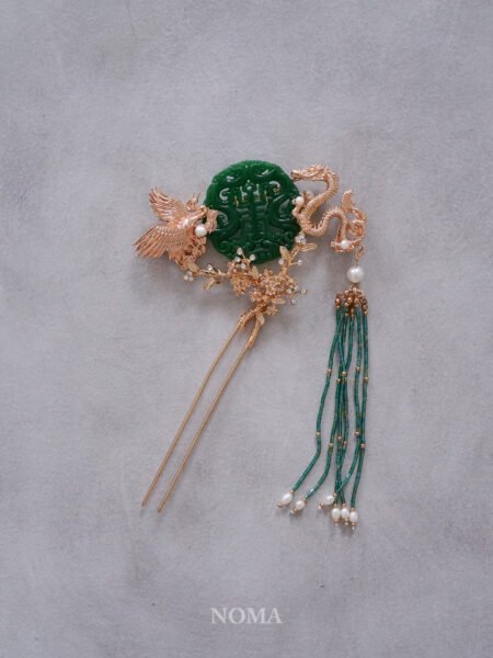Crane and Dragon Jade Hairpin - Gold, Jade