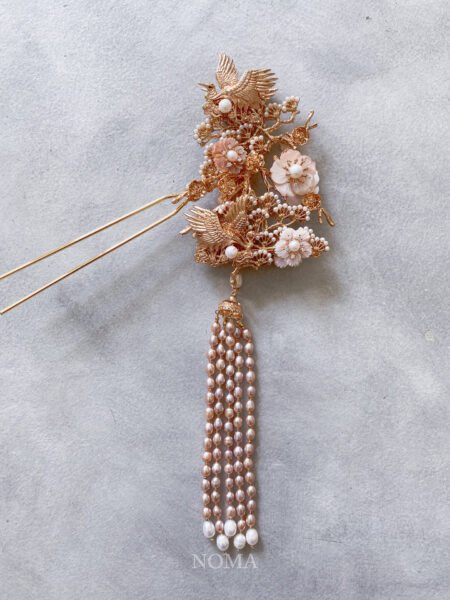 Double Crane Flowers Hairpin - Gold, Pink