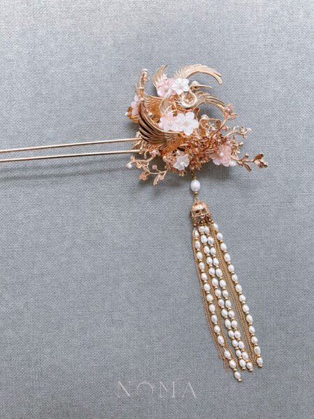 Twin Crane Blossom Hairpin - Gold, Pink (Left)