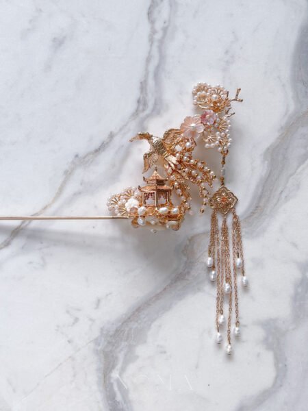 Flying Phoenix Pagoda Hairpin - Gold, Pink (Left)