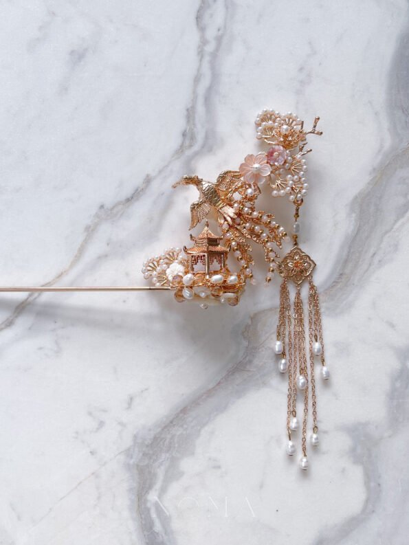 CHN-202100076-Flying-Phoenix-Pagoda-Hairpin-Gold-Pink-Left