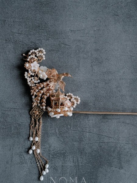 Flying Phoenix Pagoda Hairpin - Gold, Pink (Right)