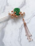 Koi Carved Jade Floral Hairpin - Gold