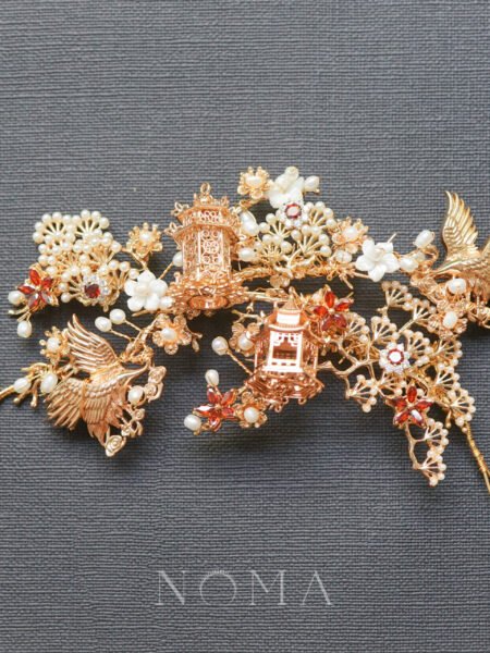 Crane Pagoda in Spring Middle - Gold, Ruby
