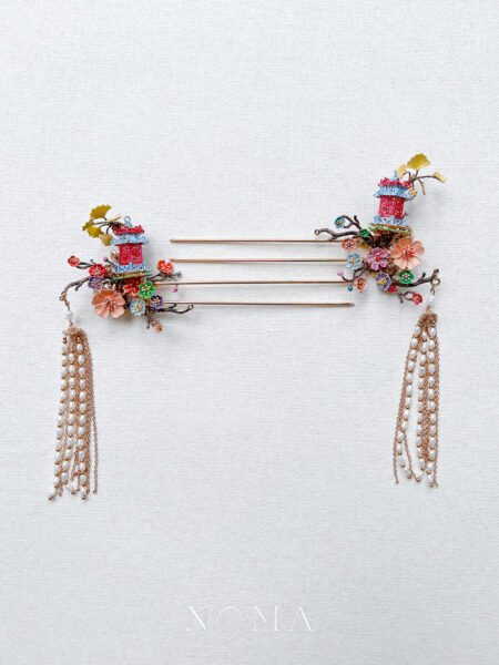 Colorful 3D Pagoda Ginkgo Tree Hairpin - Gold (Left)