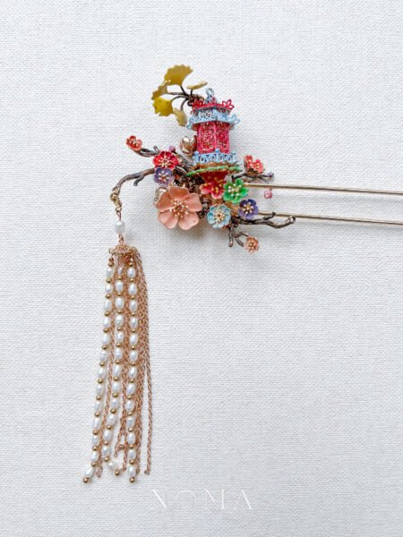 Colorful 3D Pagoda Ginkgo Tree Hairpin - Gold (Right)