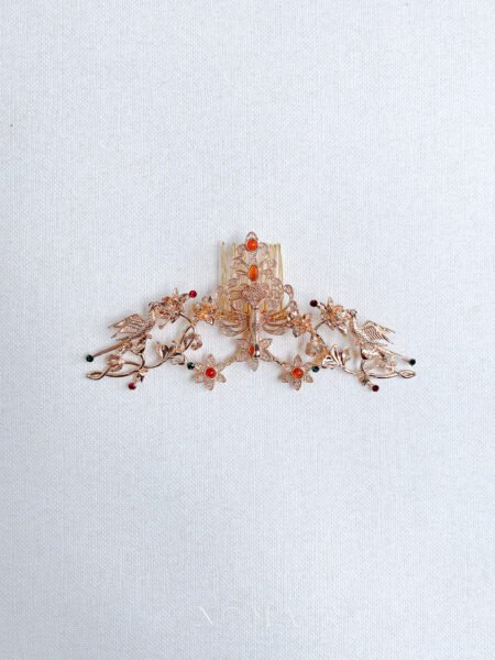 Peacock Crane Lotus Haircomb - Gold, Red