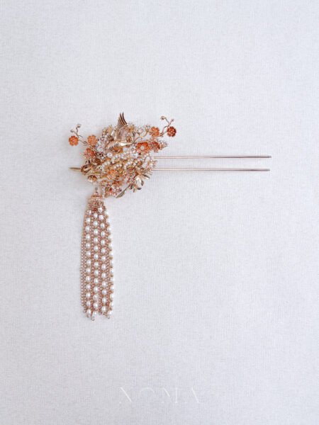 Flying Crane Pearl Blossom Hairpin - Gold, White (Right)