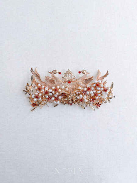 Phoenix Feather Floral Branch Brooch - Gold, Red