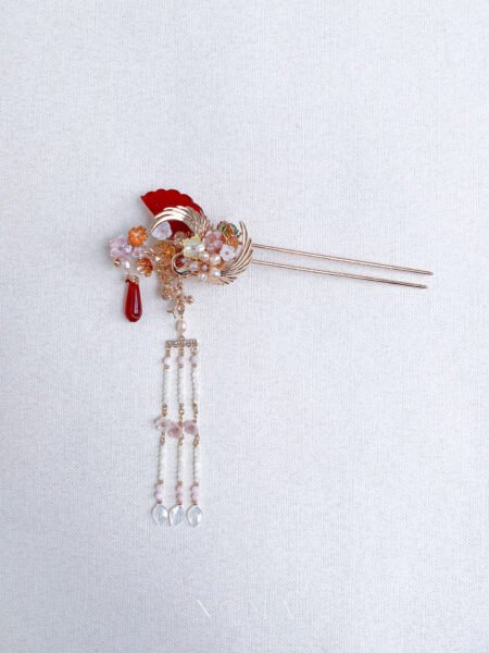 Crane Fan-Shaped Jade Hairpin - Gold, Red