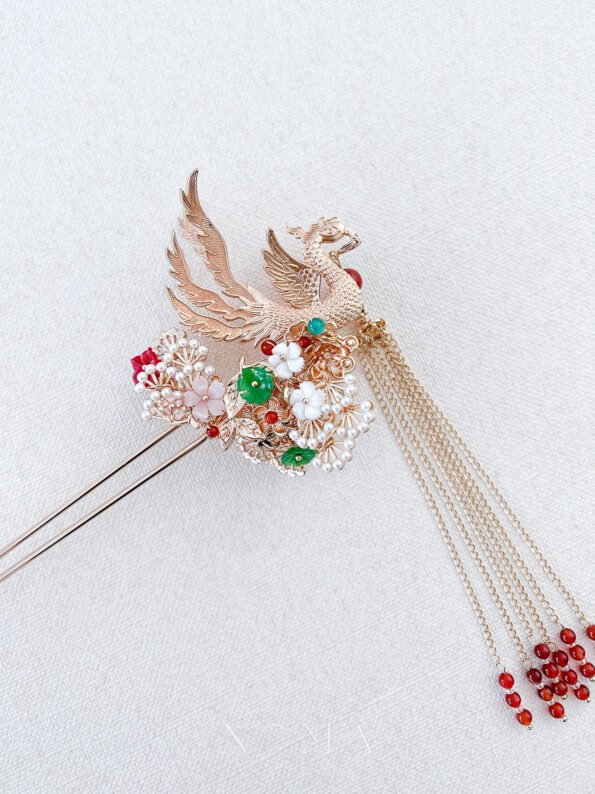 CHN-202300014 – 4D Phoenix Feather Pearl Tree Hairpin – Gold – – Left – C3