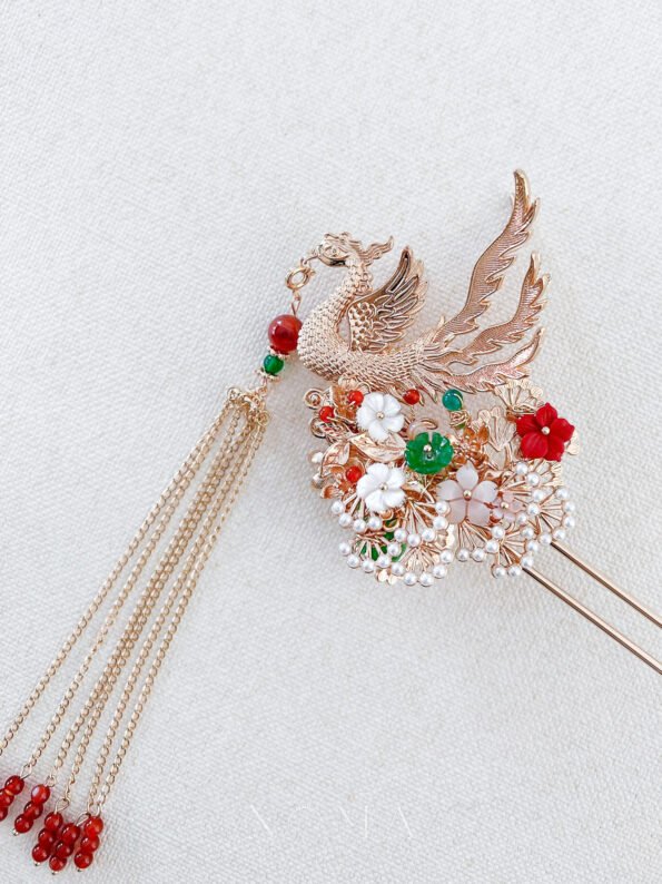 CHN-202300015 – 4D Phoenix Feather Pearl Tree Hairpin – Gold – – Right – C3