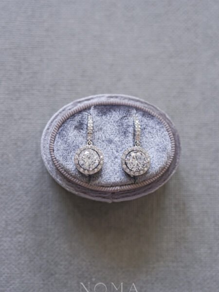 Drop Simple Round Halo Earrings - Rhodium White Gold