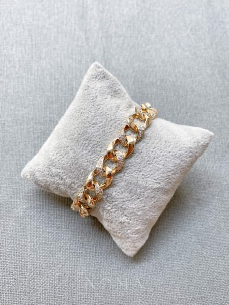 Large Half Paved Link Chain Bracelet - 18k Yellow Gold