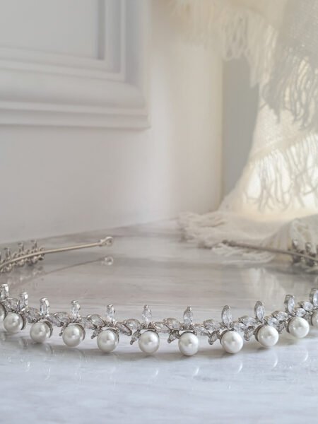 Pearl Elegance Headband - Rhodium White Gold, White Pearl