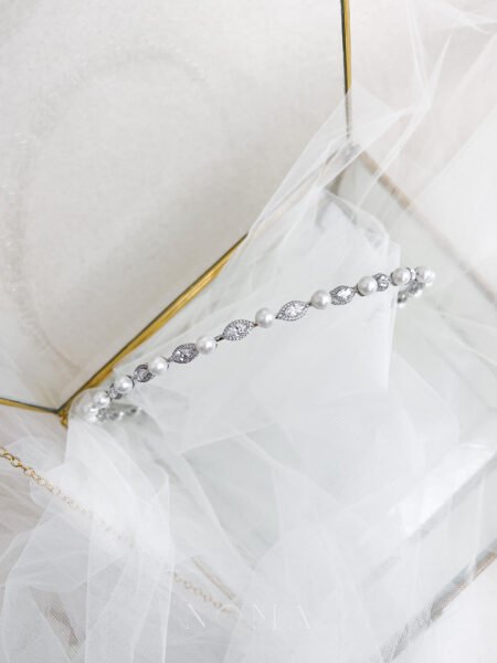 Marquise Halo Small Pearl Headband - Rhodium White Gold, White Pearl