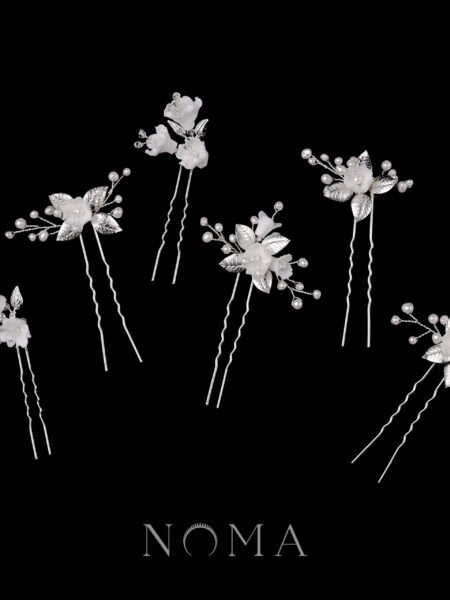Clay Flower Blossom Quad Leaf Hairpin Set - White Silver (6 pcs)
