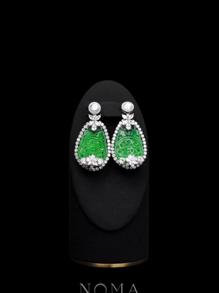 Gems Royal Six Petals Carved Rounded Teardrop Jade Earrings - White Gold, Jade