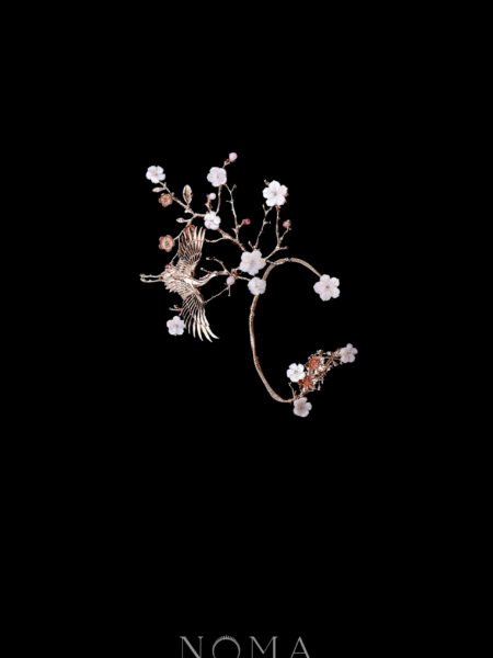 Crane Wing Flower Tree Earpiece - Gold, Pink (Right)