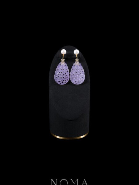 Carved Rounded Teardrop Small Jade with Pearl Earrings - 18k Yellow Gold, Purple Jade