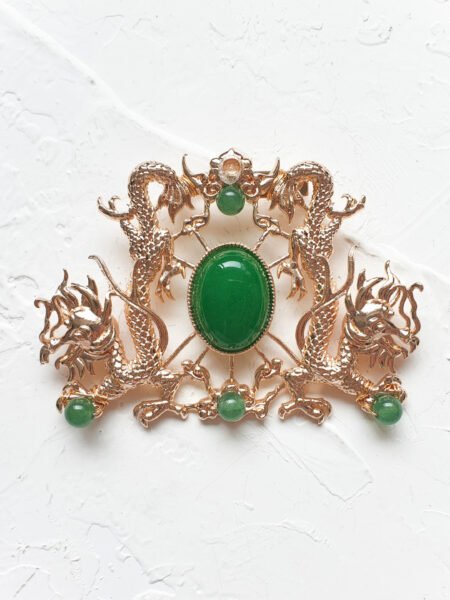 Twin Dragon Jade Brooch - Gold, Jade