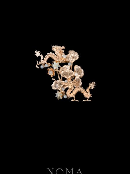 Twin Dragon Ginkgo Bush Brooch - Gold, Turquoise