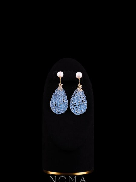 Carved Floral Teardrop Small Jade with Pearl Earrings - 18k Yellow Gold, Blue Jade