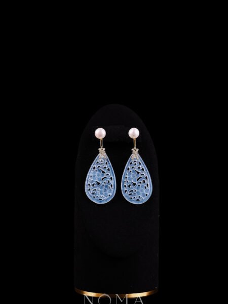 Carved Floral Teardrop Jade with Pearl Earrings - 18k Yellow Gold, Blue Jade