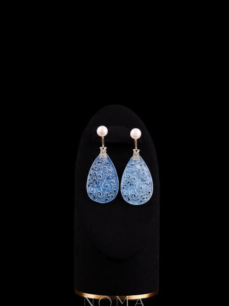 Carved Teardrop Large Jade with Pearl Earrings - 18k Yellow Gold, Blue Jade