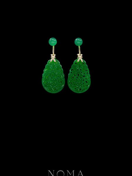 Carved Rounded Teardrop Small Jade with Jade Earrings - 18k Yellow Gold, Jade
