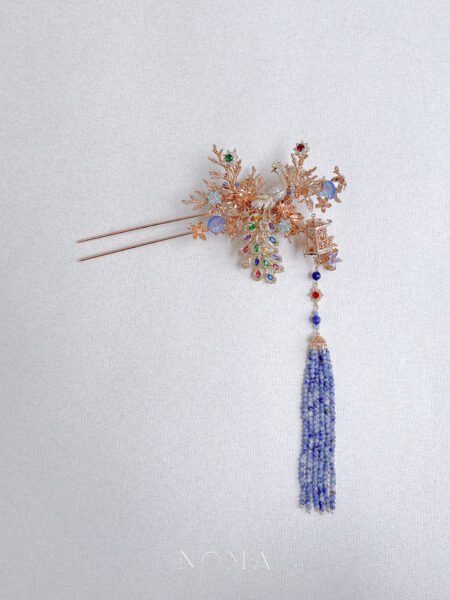 Magnificent Peacock Pagoda Garden Hairpin - Gold, Blue