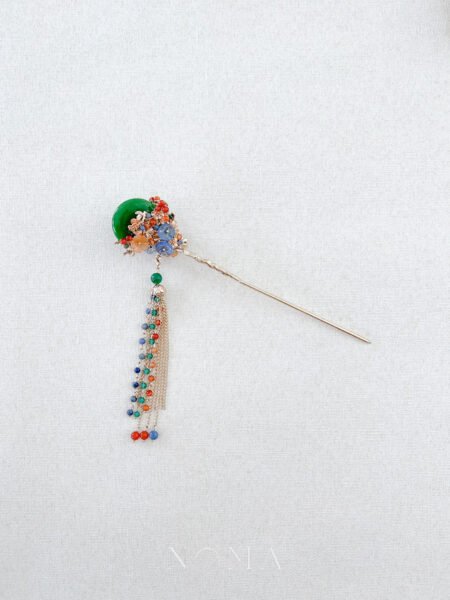 Round Jade Treasure Floral Hairpin - Gold, Jade