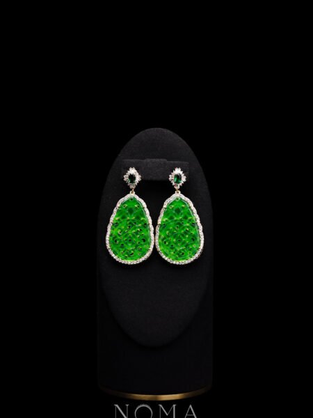 Superior Oval T Carved Rounded Teardrop Small Jade Earrings - 18k Yellow Gold, Emerald