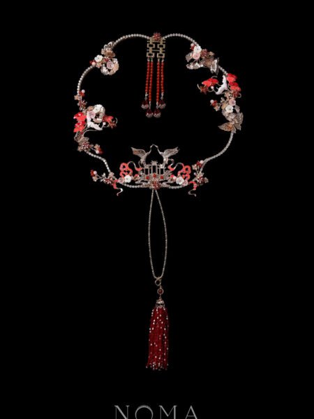 Colorful Crane Jade Ginkgo Fan - Gold, Ruby