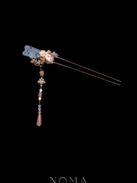 Carved Jade Petite Hairpin - Gold, Blue Jade