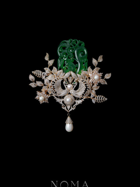 Magnificent Twin Phoenix Jade Brooch - Gold, Jade