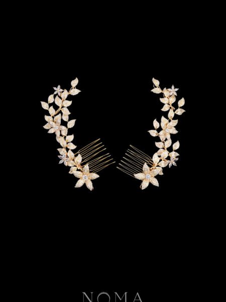 Paved Flower Twigs Side Hairvine Pair - Gold (1 pair)