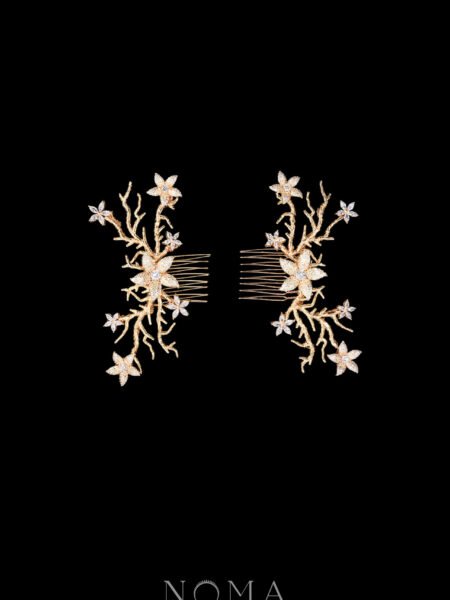 Paved Flower Simple Branch Side Hairvine Pair - Gold (1 pair)