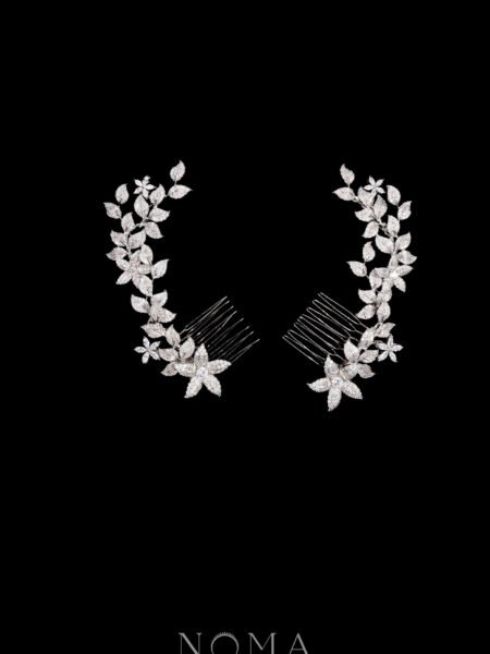 Paved Flower Twigs Side Hairvine Pair - White Gold (1 pair)