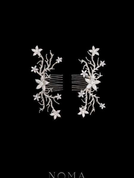 Paved Flower Simple Branch Side Hairvine Pair - White Gold (1 pair)